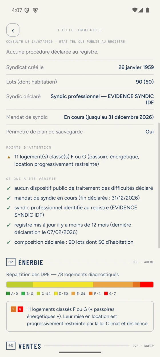 Points vérifiés et points d'attention, puis répartition des DPE de l'immeuble