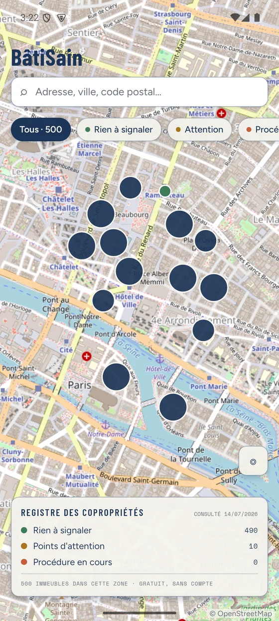 Carte BâtiSain avec les copropriétés d'un quartier de Paris