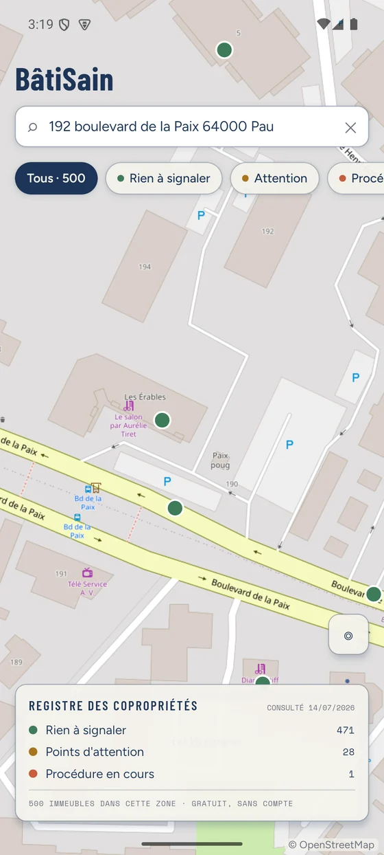 Recherche d'une adresse et points colorés par état